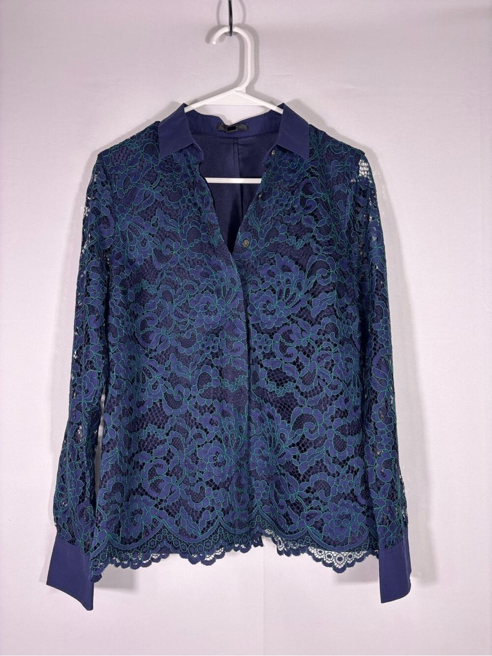 J.Crew Lace Button Front Blouse Top Blue Green Floral Lace Size 4
